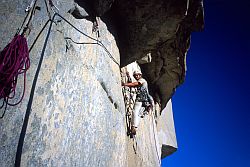 SalatheRoof - Roof of the Salathé, below the headwall. Salathé Wall, El Capitan, Yosemite, California, 2003
[ Click to go to the page where that image comes from ]