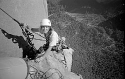 Salathe_BW36_JugClose2 - Jenny reaching a belay. Salathé Wall, El Capitan, Yosemite, 2003