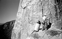 Salathe_BW37_SlopingLedge - Jenny at the belay of Sloping Ledge. Salathé Wall, El Capitan, Yosemite, 2003
[ Click to go to the page where that image comes from ]