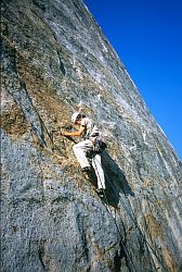 StonerStart - Guillaume on the first moves of the delicate Stoner's Highway. Stoner's Highway, Middle Cathedral, Yosemite, California, 2003
[ Click to go to the page where that image comes from ]