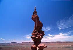 CorkscrewH - Standing atop the corkscrew summit of Ancient Art, Fisher Towers, Utah
[ Click to download the free wallpaper version of this image ]