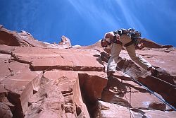 Moses_HangingPitch1 - Hanging on pitch 1 on Primrose dihedral, Moses tower, Utah
[ Click to go to the page where that image comes from ]