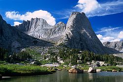 PingoraWolfHead - Pingora and Wolf Head looming above the Cirque of the Towers. Wind River Range, Wyoming, 2003
[ Click to go to the page where that image comes from ]