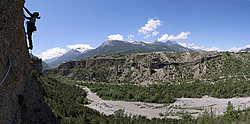 20060519_RueDesMasques_Pano - Climbing Rue Des Masques, below Montdauphin, Cerces.
[ Click to go to the page where that image comes from ]