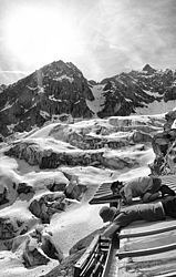 20060610_RoofFixVPano - Repairs on the roof of the Boccalatte hut, Mt Blanc.
[ Click to go to the page where that image comes from ]