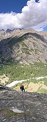 20060826-AilefroideDalleVPano_ - Slab climbing at Ailfroide, Oisans.