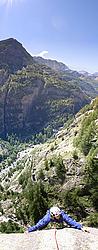 20060830-PachidermaChristineVPano_ - Slab climbing up Pachiderma, Orco Valley, Italy.