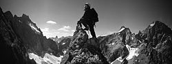 AuroreNucleaire_Summit_PanoBW - Summit of Aurore Nucleaire above the Glacier Noir, looking up the Pic Sans Nom, Oisans.