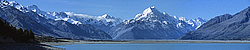 MtCookPano - Panorama of Mt Cook from lake Pukaki. Mt Cook is the main summit in the middle, with the West ridge clearly visible on the left and the East ridge on the right.
[ Click to go to the page where that image comes from ]