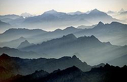 MultipleSummitsMorning1 - Multiple summits ridges seen at dusk, Alps.