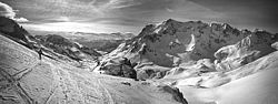 TeteBlancheGalibierBPanoBW - Backcountry skiing on the Tete Blanche du Galibier, France.