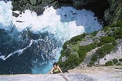 ThunderbirdWall_Up - Climbing on Thunderbird wall, Point Perpendicular, Oz.