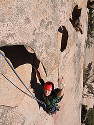 20061110-120701-JeffTafoni - One of the peculiarities of the corsican rock is the presence of those so called 'taffoni', pieces of hanging rock, hollowed out by the elements. They are so thin and hollow as to resonate when you touch them, leading to some paranoid climbing, until you get used to them.
[ Click to go to the page where that image comes from ]