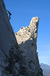 20070512_193001_DentelleMonmirail - Good wine, interesting slabs on leaning towers, few people, the Dentelles de Monmirail have gone out of fashion but still offer good routes.
[ Click to go to the page where that image comes from ]