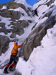 20070518-094702_JerryEmeraude - First and delicate pitch on the Emeraude gully.
[ Click to go to the page where that image comes from ]