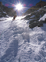 20070518-123621_EmeraudeSpindrift - Spindrift raining down on us as we finish the upper and easier section of the route.
[ Click to go to the page where that image comes from ]