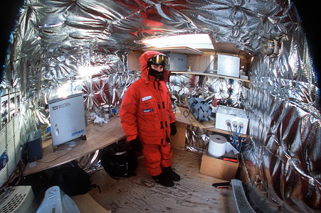 [GlacioShelter1FHW.jpg]
After collecting samples outside, a brief stop into the glaciology shelter to warm up but also to check on the equipment, see if the pumps are still running and possibly change the filters (180° fisheye image).