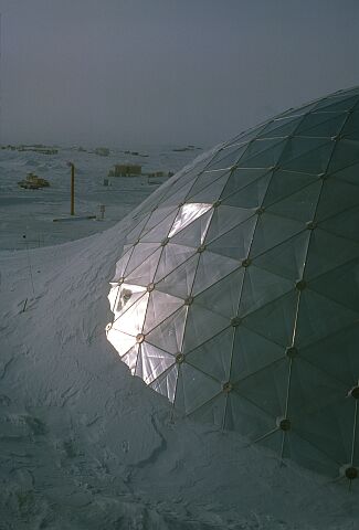 [Cappelle143.jpg]
The dome housing the Amundsen-Scott base in 1977, now submerged by snow (image © Thierry Cappelle 1977, used with permission).
