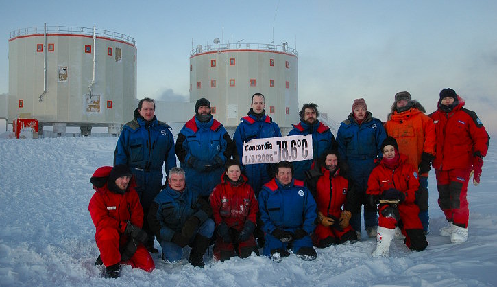 [20050902_RecordTemp.jpg]
The Concordia 2005 winterover team united during the record low temperature of the winter: -78.6°C. Camera on a tripod which didn't stay outside for long (neither did we with removed face masks). (Photo Karim Agabi)