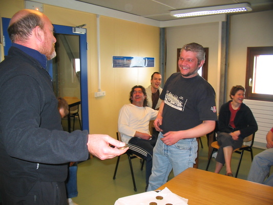 [20051120_017_Medals.jpg]
A proud and happy Jean receiving the accomplishment medal from the hands of Marco Maggiore, our new station manager.