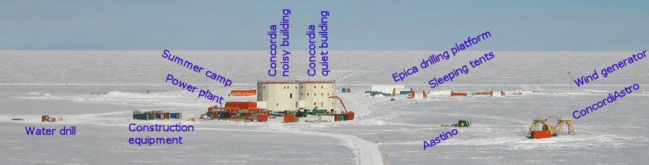 [ConcordiaFromMast.jpg]
Concordia station from the American mast (west). From left to right: a small drilling operation for winter water, construction equipment containers, the electric station next to the two towers of Concordia Station, the main summer camp (in the back), the large white tent of the drilling platform, the sleeping tents, the green AASTINO automated astronomy experiment and the wooden astronomy platforms.