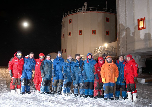 [GroupImage_.jpg]
The Concordia team, group picture taken during the midwinter, with the full moon shinning on the station. From left to right: Roberto, Michel, Emanuele, Jean, Pascal, Stéphane, Michel, Christophe, Claire, Jean-Louis, Jeff and Karim. I'm the black face in the back.
