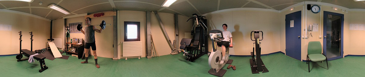 [PanoGym.jpg]
The gym room, best way to spend calories when you are not outside trying to fix something through 3 pairs of gloves. Pascal doing the heavy lifting and Claire doing the heavy breathing... Located on the 2nd floor of the noisy building.