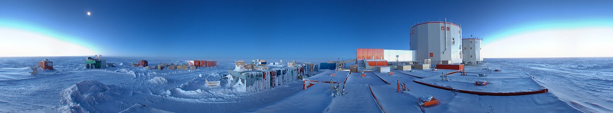 [PanoTanks.jpg]
Panorama of Concordia taken from the top of the many fuel tanks. The tanks are kept heated throughout the winter to keep the antifreeze fuel from freezing up (yes, you read that right). The raised orange tank in the middle is the water recycling plant, sitting on top of the power plant.