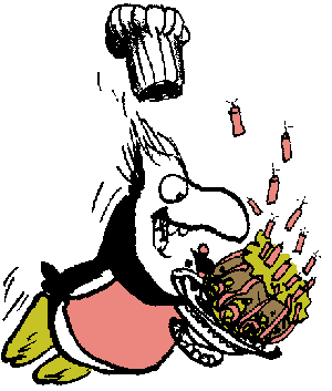 Drawing of a penguin chef falling dropping his cake