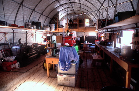 [EpicaWorkshopTent.jpg]
The Epica project has several buildings and tents at the summer camp. Besides the tall drilling tent into which most of the other pictures are taken, there's a cold lab used to work on ice cores (see above), a warm lab not used anymore and this workshop tent where most mechanical equipment is stored.