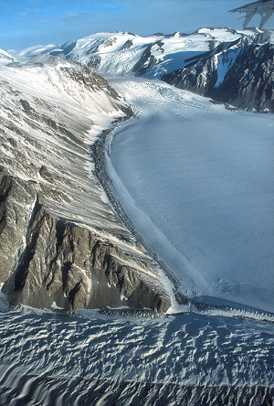 [MountainsGlacier3.jpg]
Two very different glaciers merging. The start of a central moraine is visible on the right, between them.