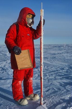 [MeasuringPoles.jpg]
A different kind of glaciology session, done 2 or 3 times a year, to measure snow heights. A few km south of the station, upwind to avoid artificial disturbances, are about 50 poles planted in a cross pattern (the line of poles is visible on the image). Their height above the snow is measured and averaged.