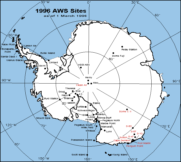 Map of AWS stations, 1996