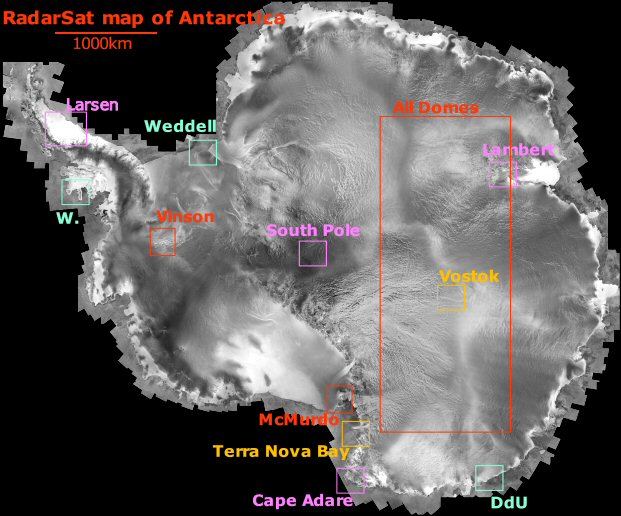 RadarSat image of Antarctica showing the location of the other images