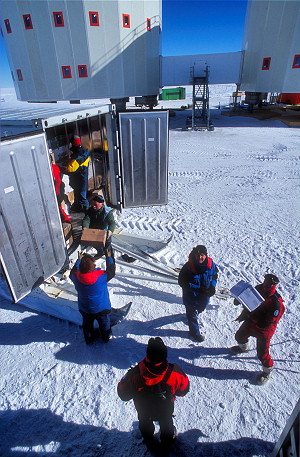 [HumanChainFood.jpg]
Doing a human chain to transfer packages of frozen food just arrived on the Traverse into storage containers.