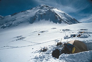 [HighCamp.jpg]
High camp on Denali. The track traverses to the left, reaching the pass.