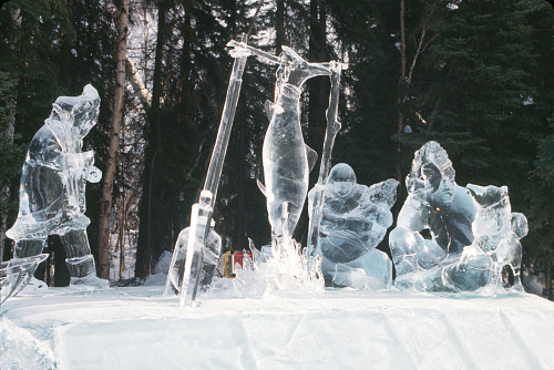 [IceStatueFamily.jpg]
Before the mountain pictures, here are a few typical Alaska pictures, like the Fairbanks ice carving festival held every year. This sculpture is life-size. Or rather was, because it sure melted since I saw it.
