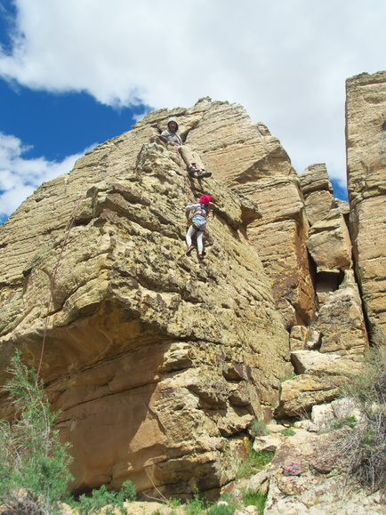 [20190430_135721_Mentmore.jpg]
Climbing in Mentmore, NM. This place has many great routes for adults, but plenty of potential for kids too; but there aren't any routes on the easier sections of rock, which is a shame. Well, a shouder belay works fine.