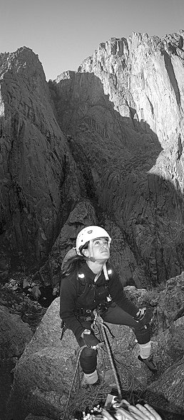 [Base_VPano.jpg]
Jenny at the first belay. The sun is hitting the summit of the other side.