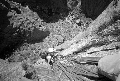 [SC_RopesPitch4.jpg]
Ropes hanging from the belay at the end of the fourth pitch. The 5.10 is about to start.