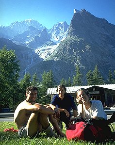 [GroupFreney.jpg]
Vincent, me and Cécile after the climb. The Mt Blanc is the summit on the left, with the Freney pillar being the highest rock underneath the summit.