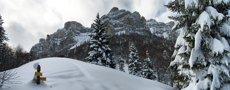 [20080325_170218_AulpSeuilPano_.jpg]
On the trail towards the Aulp du Seuil. The tracks from the morning are already mostly covered. The way up crosses behind the central pine tree into an ingenious system of ledges. The easiest way down, into the 'Couloir en Virgule', is mostly hidden behind the right side of the central tower.