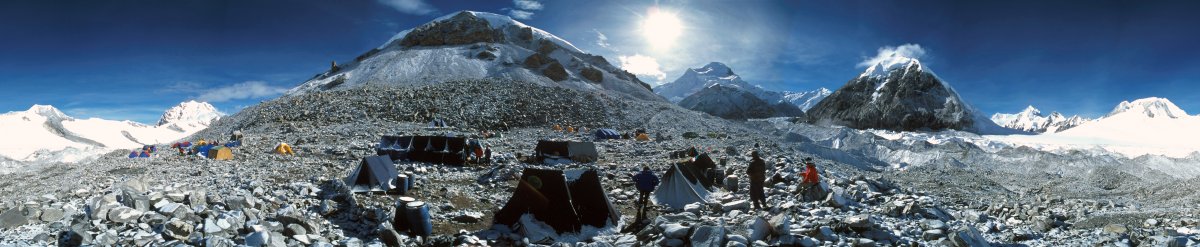 [BCV_pano.jpg]
A 360 degree panorama taken from base camp. Cho-Oyu is visible on the right of the big hill that dominates the camp.