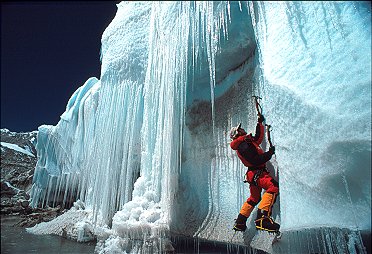 [SeracClimbing.jpg]
Berni ice climbing on the seracs of the glacier below Base Camp.