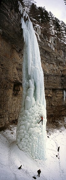 [FangVPano.jpg]
Ice climbing can be viscerally beautiful, or so does the dog think as it follows its master up the Fang, in Vail. It's late in the season and who knows when it's gonna come crashing down...