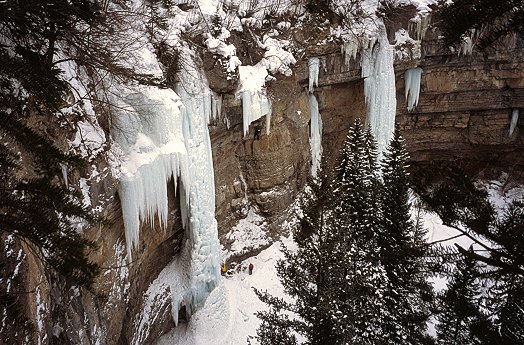[VailIce.jpg]
A view of some of the ice available in Vail, The Rigid Designator is on the left and the Fang is on the right behind the tree. Pete Takeda is doing some insane M8 in the middle, under the broken column.
