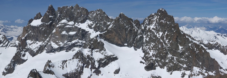 [20110326_132131_MeijePano_.jpg]
A panoramic view of the south face of the Meije in winter, taken on a different date from the Grande Ruine. The pass 'Breche de la Meije' is visible on the far left.