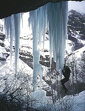 [StalagFall.jpg]
That's me hanging by one arm after the base of the ice column fell off with a kick. No first ascent today in the Monti della Laga...