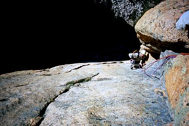 [ElephantBradPulling.jpg]
Brad pulling on a piton (although he says not) at the end of the 2nd pitch.