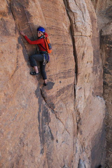 [20111111_142214_LionHeart.jpg]
Cecile finishing off the route. Lion Heart has some of the best sustained crack climbing I've done in years. Even in Utah there are only few long routes that can match it.